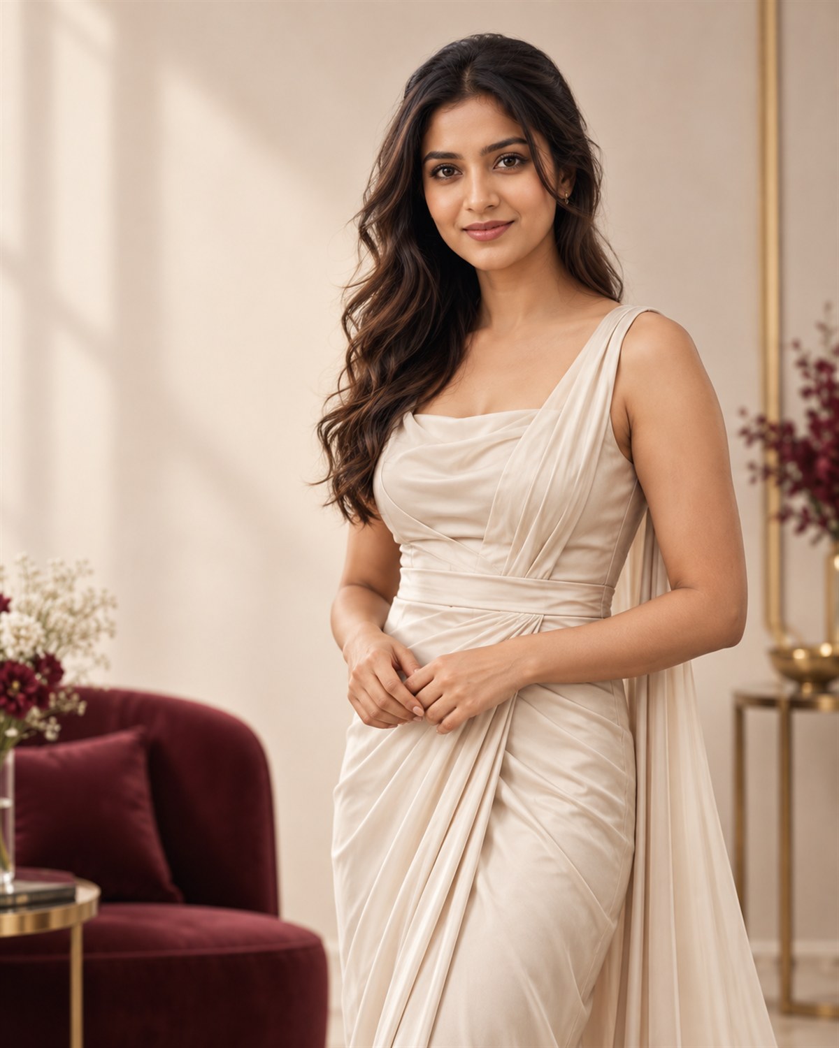 An elegant woman in contemporary champagne formalwear
